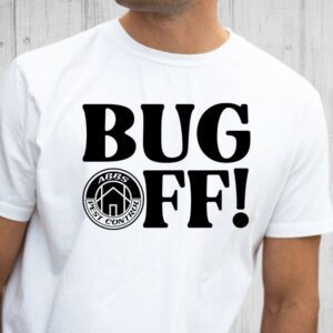 man wearing a Bug Off white T shirt