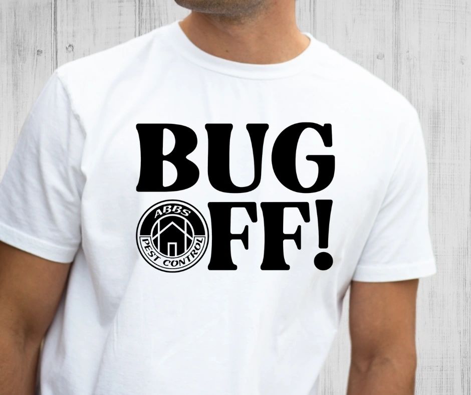 man wearing a Bug Off white T shirt