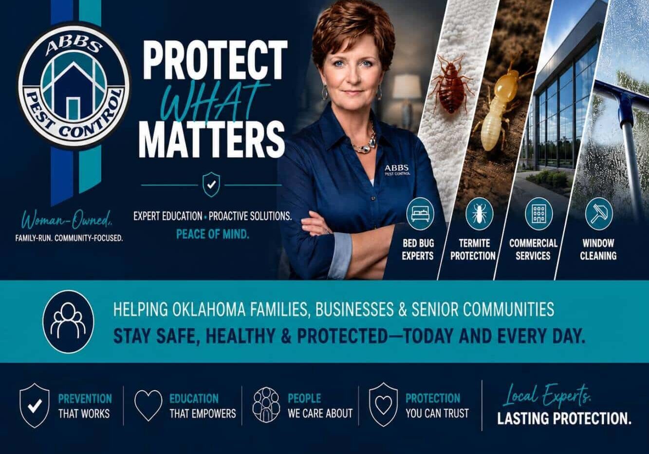 Katherine Brush of ABBS Pest Control promoting the Protect What Matters campaign featuring bed bug expertise, termite protection, commercial pest control, window cleaning, and senior community protection services across Oklahoma.